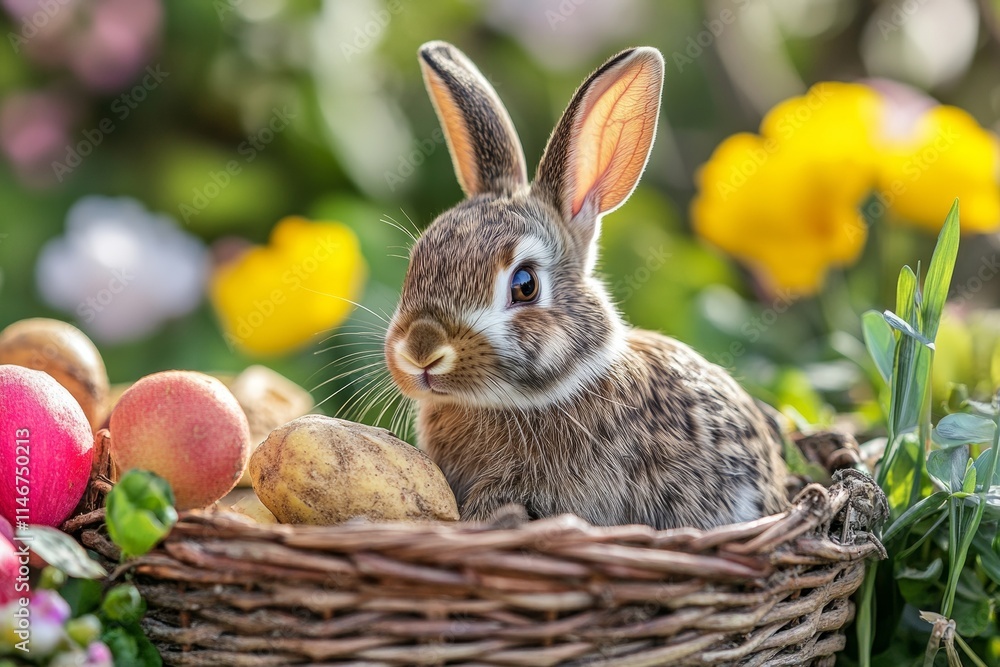 A cute rabbit nestled in a basket surrounded by colorful flowers and fruits. A cute rabbit nestled in a basket surrounded by colorful flowers and fruits.