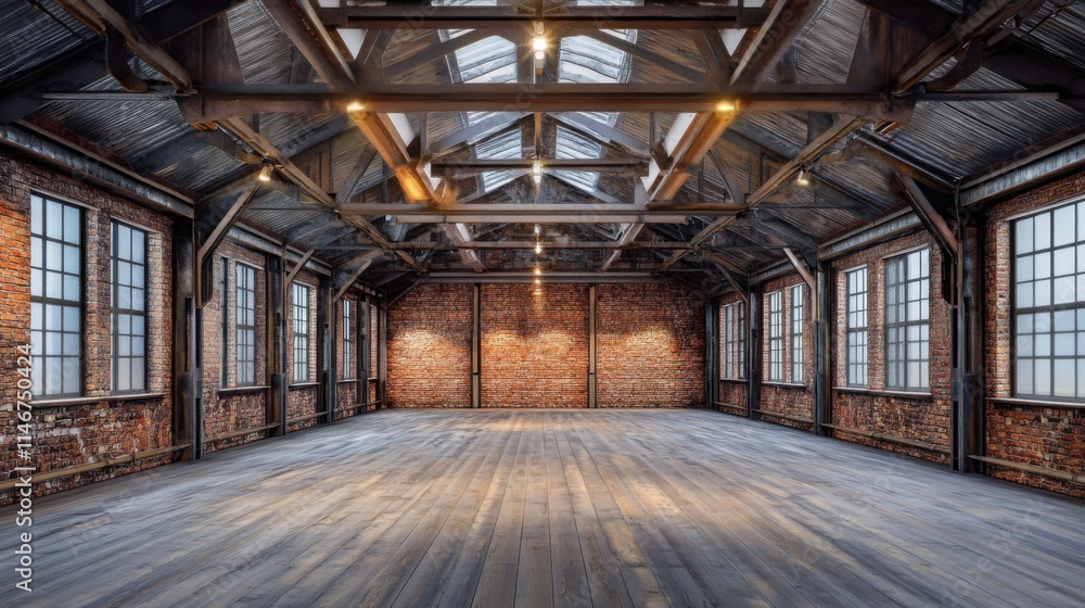 Spacious industrial interior with exposed brick walls and wooden beams, designed for creative spaces, events, or photography in an urban setting, showcasing modern architecture and design elements Spacious industrial interior with exposed brick walls and wooden beams, designed for creative spaces, events, or photography in an urban setting, showcasing modern architecture and design elements