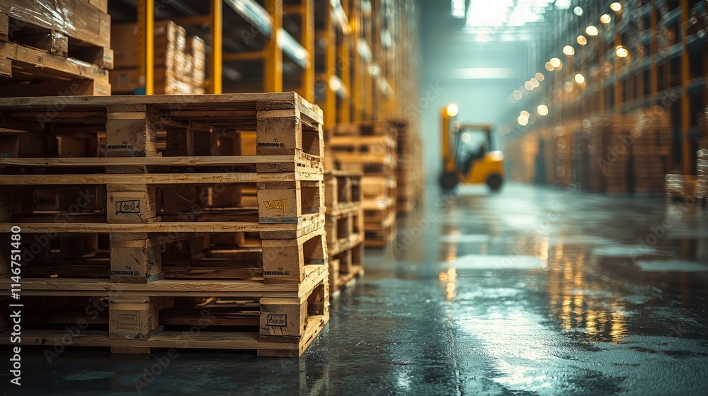 Wooden pallets stacked in a spacious warehouse with blurred forklift in background, showcasing industrial storage and logistics environment in action Wooden pallets stacked in a spacious warehouse with blurred forklift in background, showcasing industrial storage and logistics environment in action