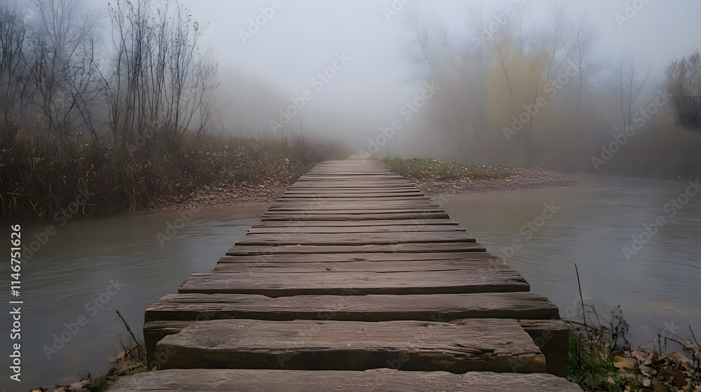 Obraz premium desolate wooden bridge stretches across foggy river, evoking mystery and solitude