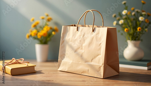 Brown Paper Shopping Bag on a Wooden Table, packaging mockup