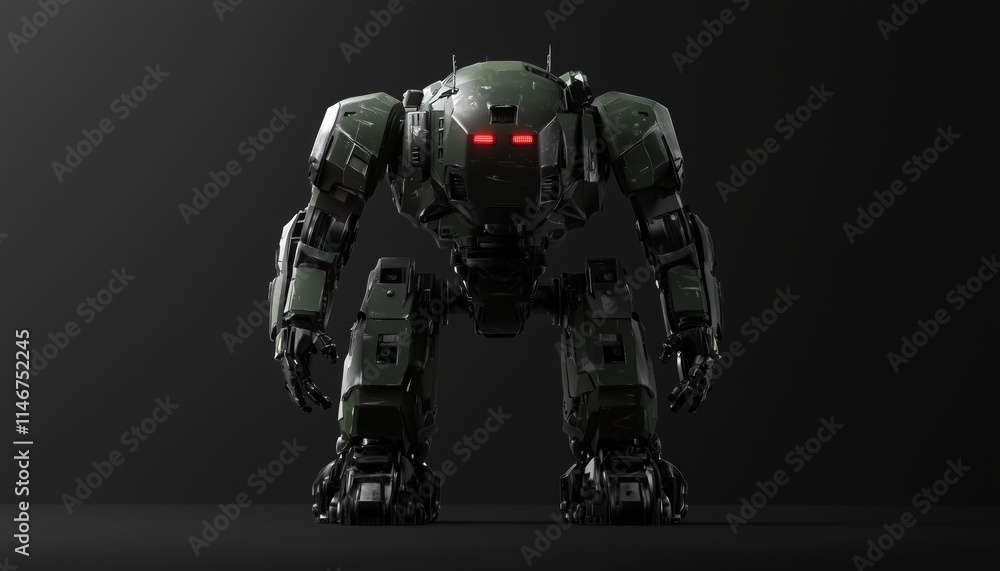Futuristic Sci-Fi Mech Soldier In Black With Green And Gray Metal Armor, Red Luminous Eyes, Front View Rendering. Futuristic Sci-Fi Mech Soldier In Black With Green And Gray Metal Armor, Red Luminous Eyes, Front View Rendering.