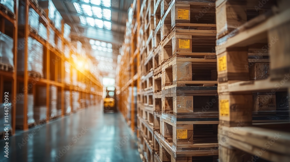 Spacious Warehouse with Wooden Pallets Stacked Neatly in Rows and a Forklift in the Background, Bathed in Warm Natural Light of Late Afternoon Spacious Warehouse with Wooden Pallets Stacked Neatly in Rows and a Forklift in the Background, Bathed in Warm Natural Light of Late Afternoon