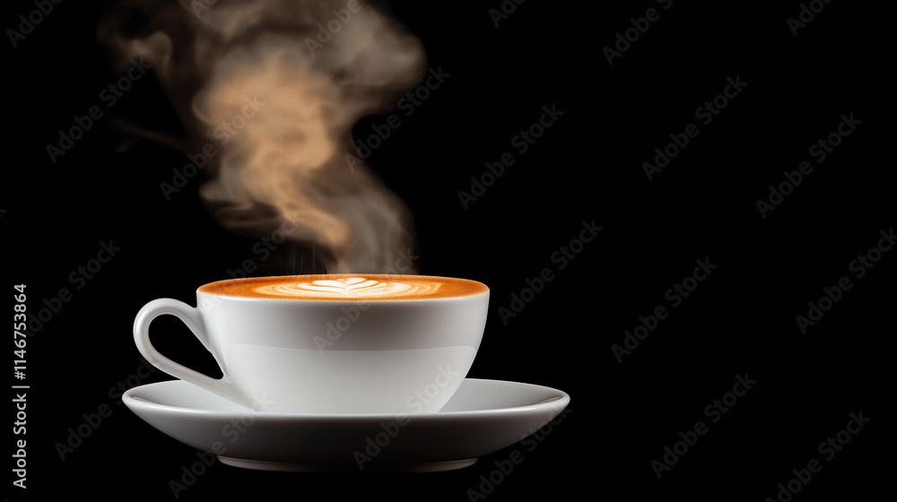 A steaming cup of cappuccino with delicate latte art on a white ceramic cup and saucer, isolated against a black background for a bold and elegant presentation. A steaming cup of cappuccino with delicate latte art on a white ceramic cup and saucer, isolated against a black background for a bold and elegant presentation.
