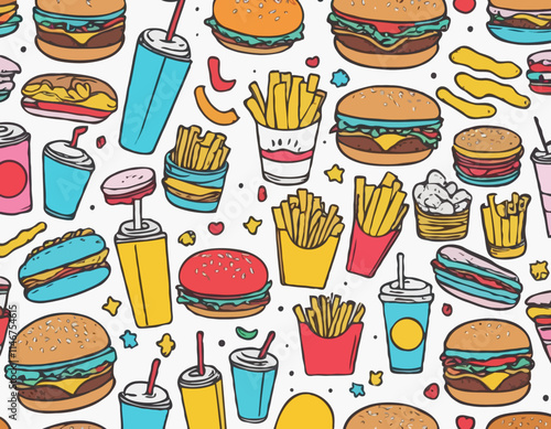 Whimsical assortment of colorful fast food doodles including burgers sandwiches fries drinks and desserts on a clean white background ideal for menu designs.