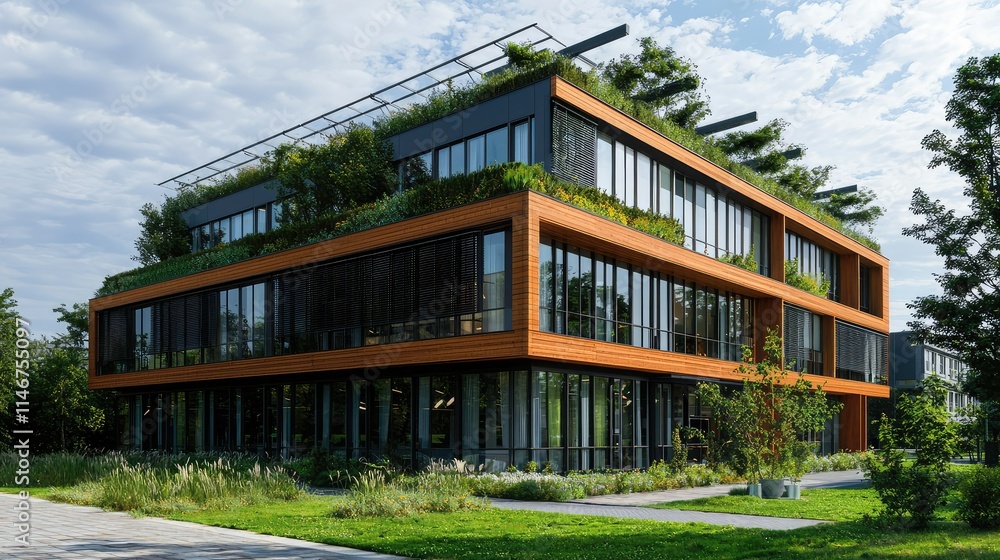 Modern eco-friendly office building with green rooftop, large glass windows, and surrounding landscaping, showcasing sustainability in urban architecture. Modern eco-friendly office building with green rooftop, large glass windows, and surrounding landscaping, showcasing sustainability in urban architecture.
