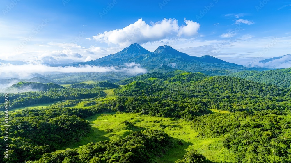 Lush green valley with majestic twin volcano peaks under a vibrant blue sky. Lush green valley with majestic twin volcano peaks under a vibrant blue sky.