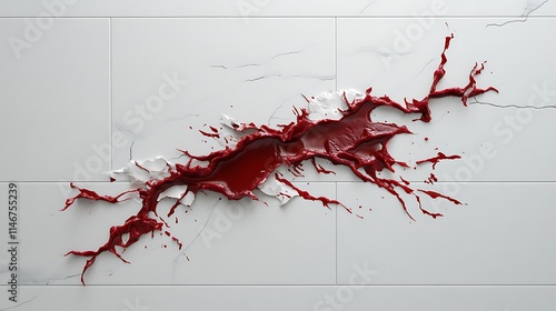 Crimson Crack: 3D Render of Blood Spatter on Tiled Floor AI Generated photo