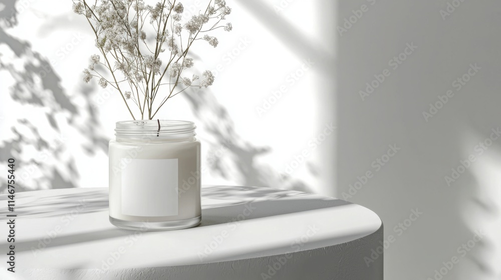 This image features a minimalist white candle with dried flowers inside a clear jar, set against a softly lit background with shadows. This image features a minimalist white candle with dried flowers inside a clear jar, set against a softly lit background with shadows.