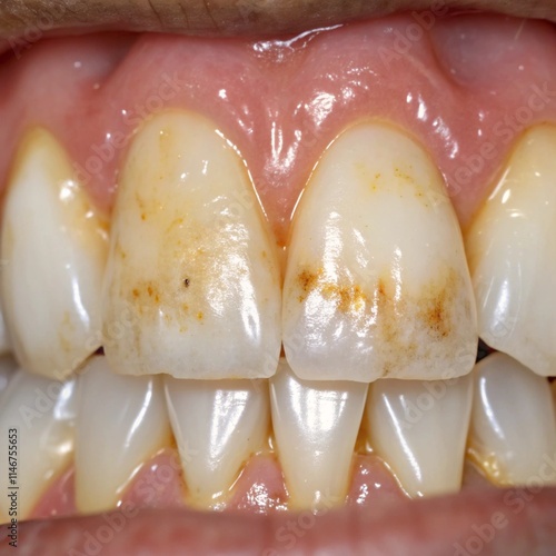 Close-up of front teeth with white and brown streaks caused by dental fluorosis