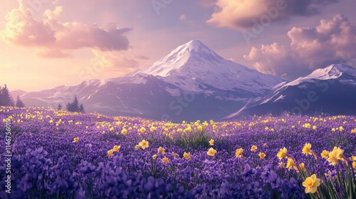 serene mountain meadow landscape with purple and yellow flowers