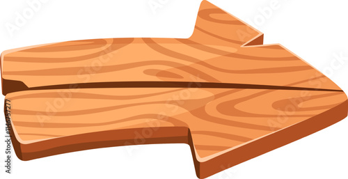 Wooden arrow made of two planks pointing right with visible wood grain, isolated on white background, ideal for indicating direction or path