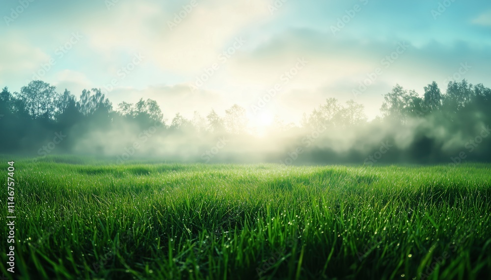 Stunning Summer Natural Scene: Freshly Mowed Lawn In The Morning Fog, Capturing The Panoramic Beauty Of Spring. Stunning Summer Natural Scene: Freshly Mowed Lawn In The Morning Fog, Capturing The Panoramic Beauty Of Spring.