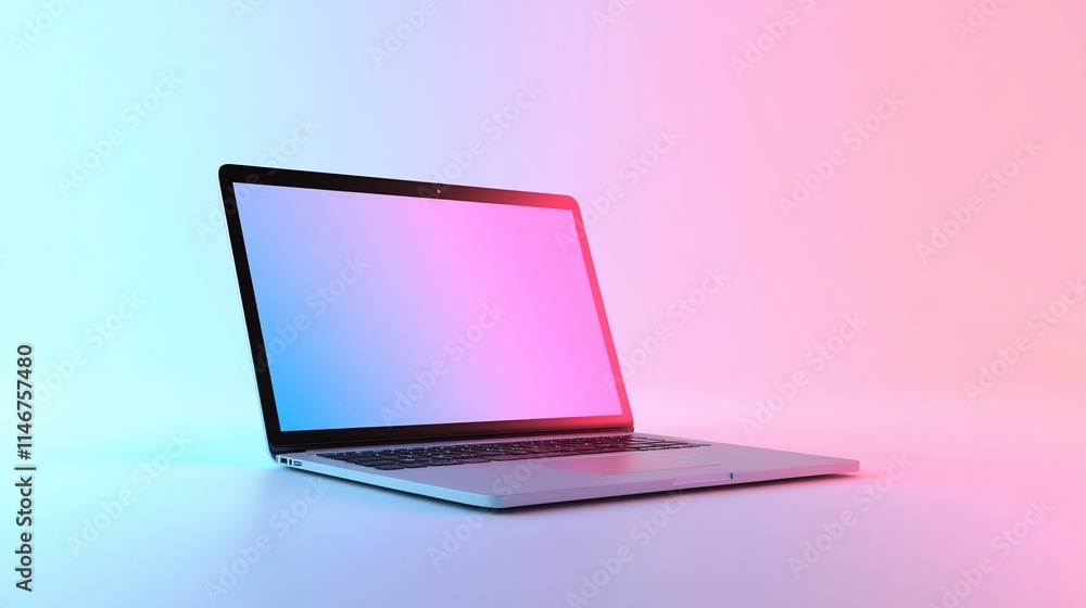 Laptop with blank screen in vibrant pink and blue gradient background. Laptop with blank screen in vibrant pink and blue gradient background.