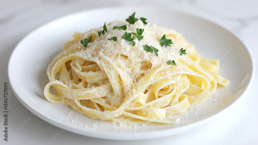 Creamy fettuccine alfredo pasta on a white plate, garnished with parmesan cheese and parsley. Creamy fettuccine alfredo pasta on a white plate, garnished with parmesan cheese and parsley.