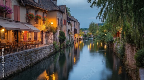 charming canal-side restaurant in annecy france at dusk