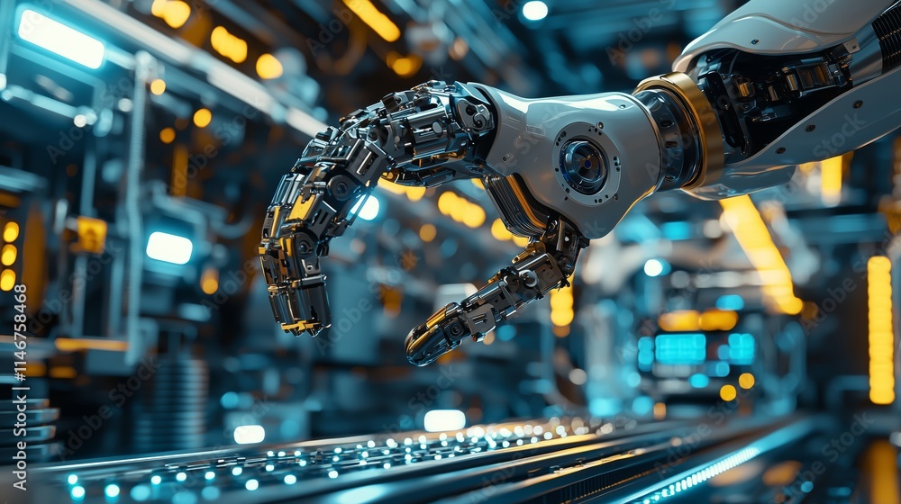 Advanced robotic hand in a futuristic industrial setting showcasing precision mechanics and intricate technology in motion, emphasizing innovation and automation. Advanced robotic hand in a futuristic industrial setting showcasing precision mechanics and intricate technology in motion, emphasizing innovation and automation.