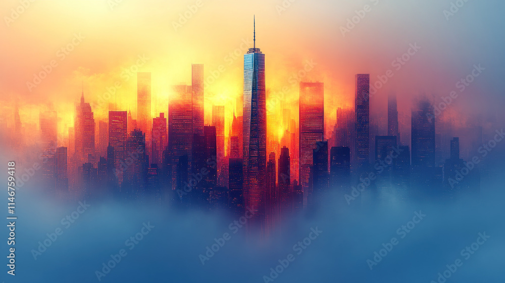 Fototapeta premium City skyline engulfed in dramatic sunset fog.