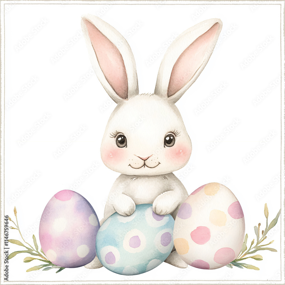Obraz premium Cartoonish Bunny with Pastel Easter Eggs Surrounded by Green Sprigs on a Gentle Background
