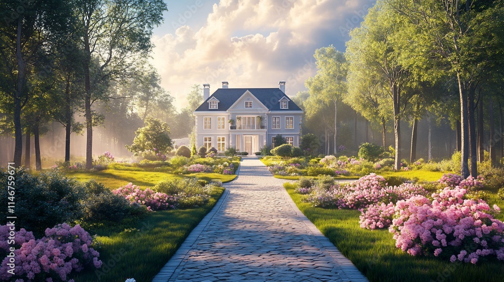 Fototapeta premium Elegant white house in a lush spring garden.