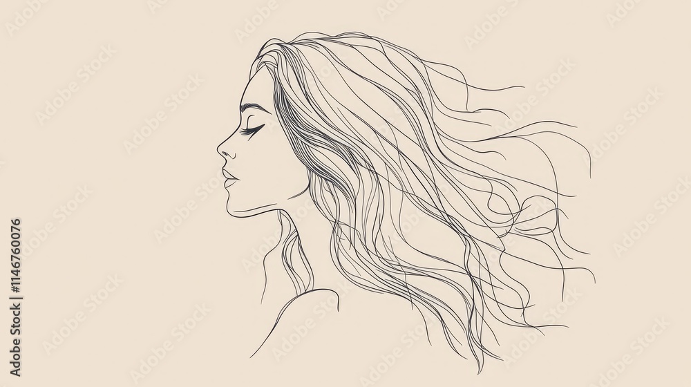 Minimalist Line Art Portrait of a Woman with Flowing Hair in Profile, Capturing Grace and Serenity, Ideal for Modern Decor and Illustrative Projects Minimalist Line Art Portrait of a Woman with Flowing Hair in Profile, Capturing Grace and Serenity, Ideal for Modern Decor and Illustrative Projects