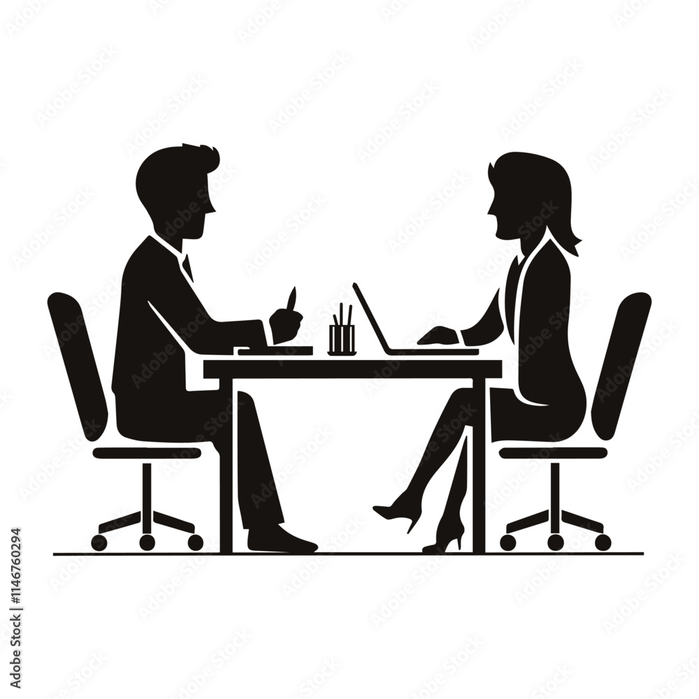 A minimalistic black and white illustration of a job interview, depicted as a simple silhouette icon symbol graphic A minimalistic black and white illustration of a job interview, depicted as a simple silhouette icon symbol graphic