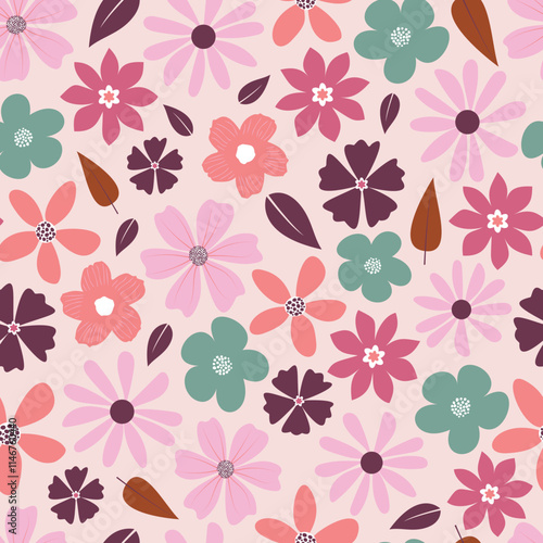 Floral seamless pattern - Surface design of Scandinavian flowers and leaves