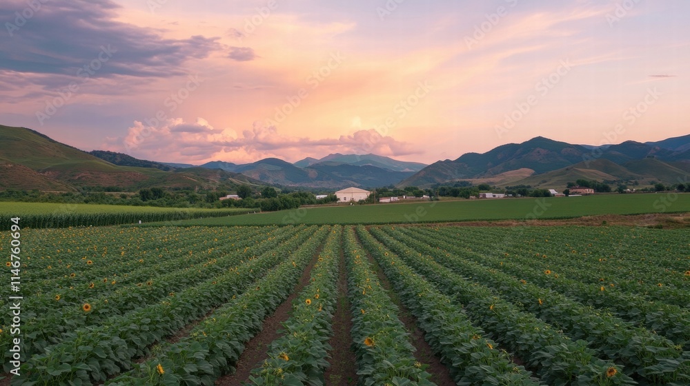serene sunset over sunflower fields and mountain landscape serene sunset over sunflower fields and mountain landscape