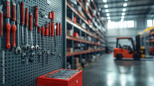 Red Hand Tools and Tool Box in an Industrial Warehouse with Forklift in Background under Bright Lighting