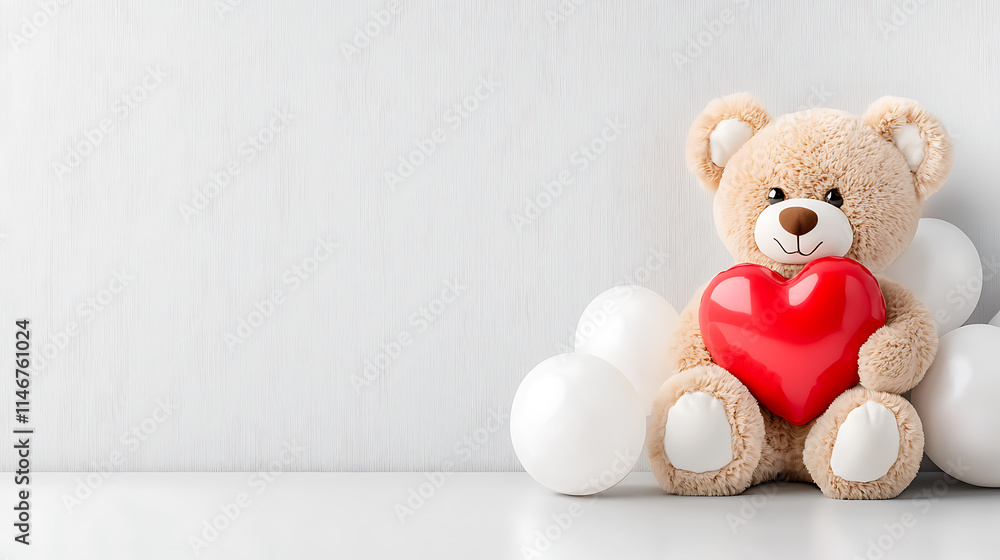 Fototapeta premium Adorable plush teddy bear holding heart cozy indoor setting photography soft lighting whimsical concept for love and care
