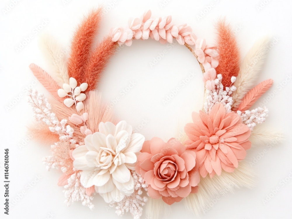Obraz premium Beautifully Crafted Floral Wreath with Soft Peach and White Flowers, Ideal for Home Decor, Celebrations, and Seasonal Decorations