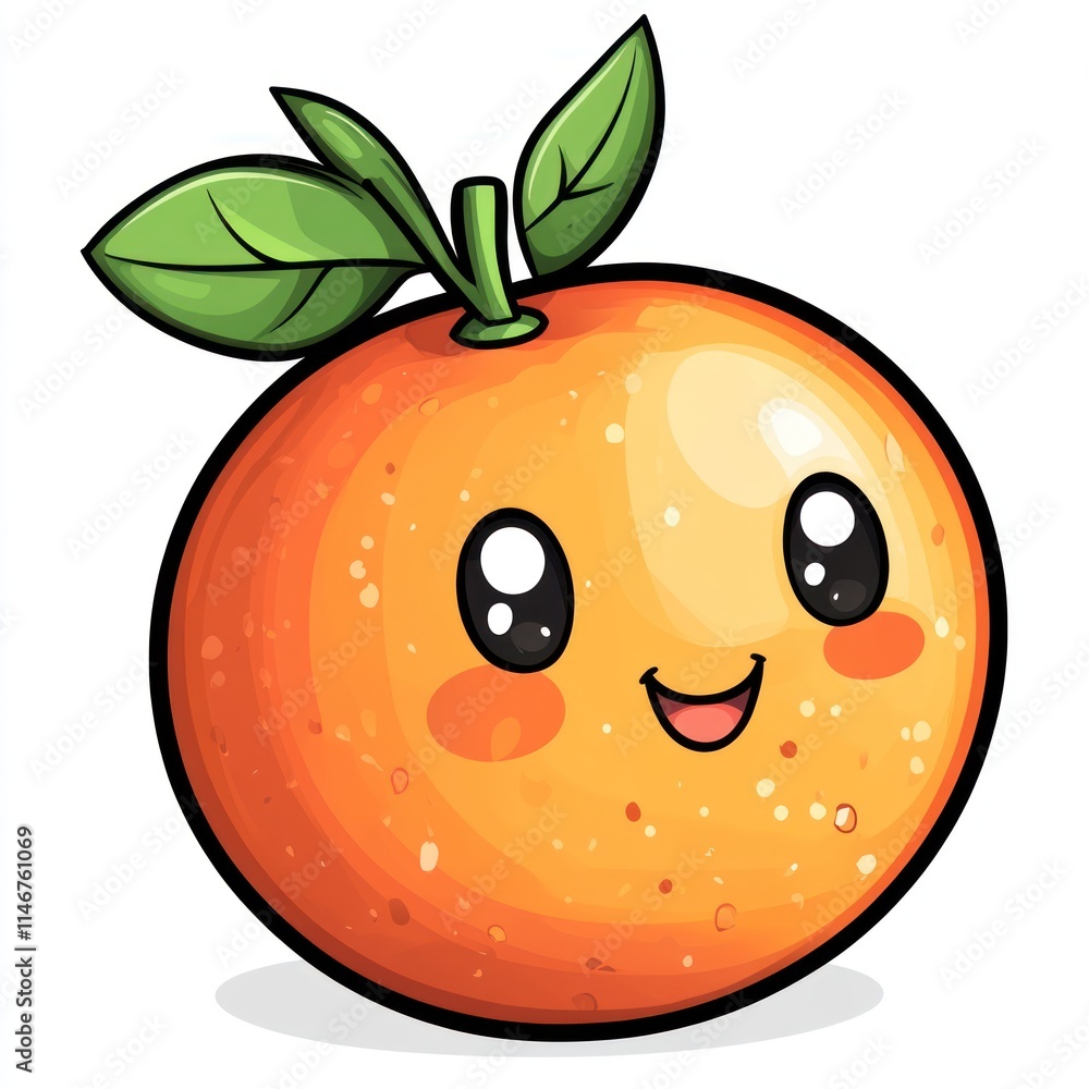 Fototapeta premium Cute cartoon orange with happy face and leaves.
