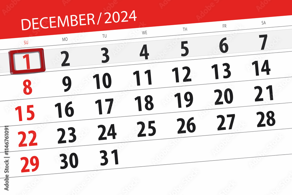 Obraz premium Calendar 2024, deadline, day, month, page, organizer, date, December, sunday, number 1