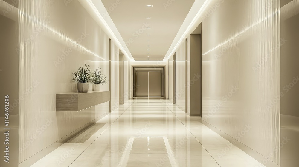 Elegant and Modern Interior Hallway in Soft Beige Tones Featuring Smooth Walls, Stylish Lighting, and Minimalist Design Elements for Contemporary Architecture Elegant and Modern Interior Hallway in Soft Beige Tones Featuring Smooth Walls, Stylish Lighting, and Minimalist Design Elements for Contemporary Architecture
