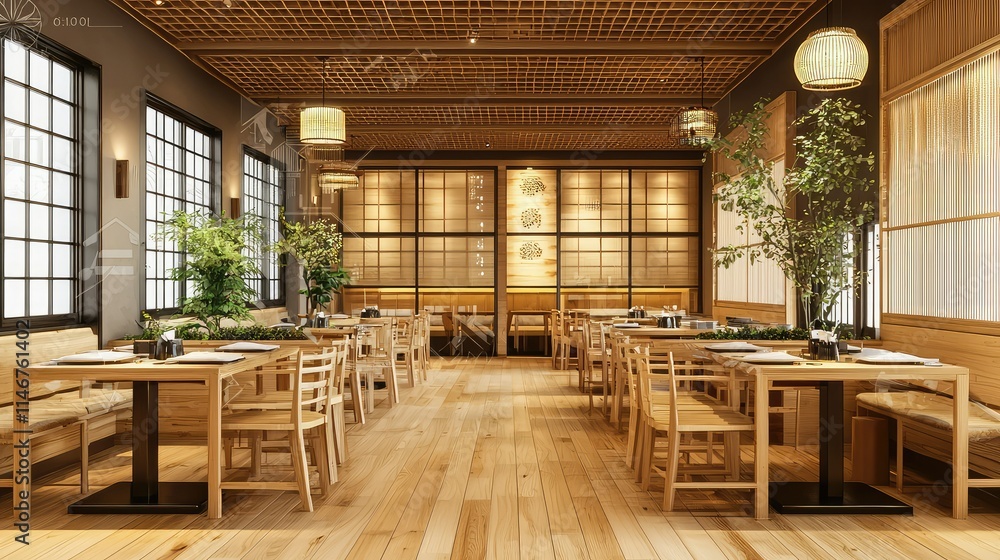 Elegant and Modern Japanese Restaurant Interior Design Featuring Wooden Furniture, Natural Elements, and Cozy Atmosphere for Dining and Gathering Elegant and Modern Japanese Restaurant Interior Design Featuring Wooden Furniture, Natural Elements, and Cozy Atmosphere for Dining and Gathering