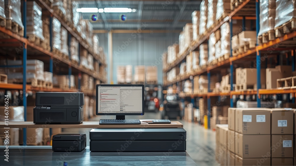 Modern Warehouse Interior Featuring Computer Workstation, Printer, and Shelving Units with Cardboard Boxes Amidst Organized Inventory and Efficient Logistics Setup Modern Warehouse Interior Featuring Computer Workstation, Printer, and Shelving Units with Cardboard Boxes Amidst Organized Inventory and Efficient Logistics Setup