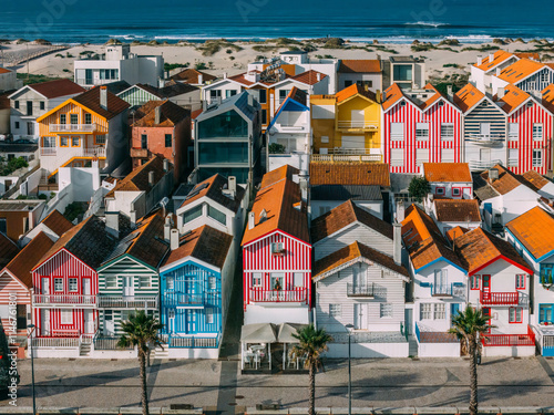 Colourful houses along Costa Nova do Prado beach, Portugal