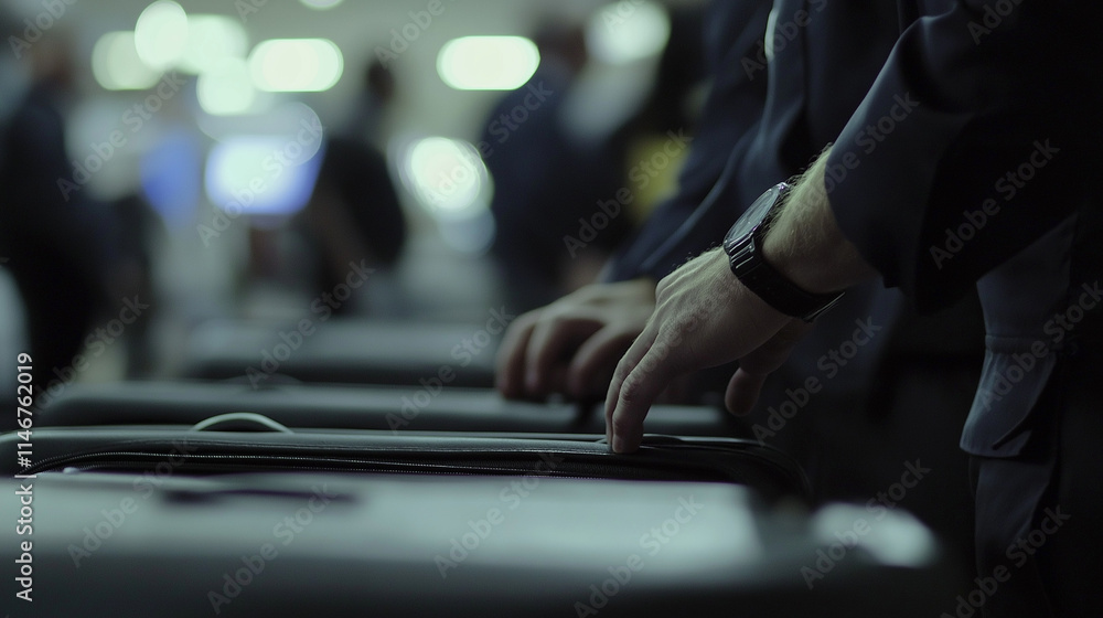 Security officer in uniform examining a suitcase at an airport checkpoint, with a blurred view of other travelers and luggage. Security officer in uniform examining a suitcase at an airport checkpoint, with a blurred view of other travelers and luggage.