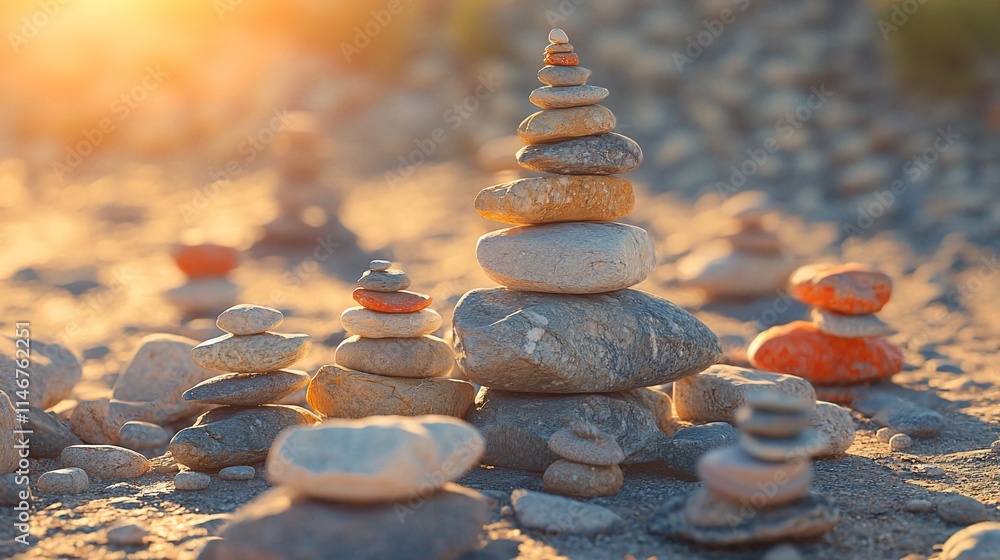 Obraz premium Sunlit beach scene with multiple balanced rock stacks.