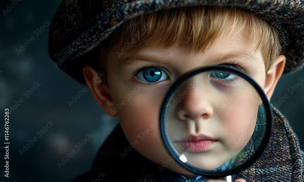 A young boy examines the world through a magnifying glass. A young boy examines the world through a magnifying glass.