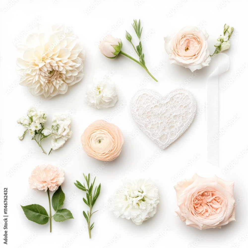 Soft and Elegant Floral Arrangement on White Background Featuring Various Fresh Flowers and a Heart-Shaped Lace Element for Wedding or Celebration Themes Soft and Elegant Floral Arrangement on White Background Featuring Various Fresh Flowers and a Heart-Shaped Lace Element for Wedding or Celebration Themes