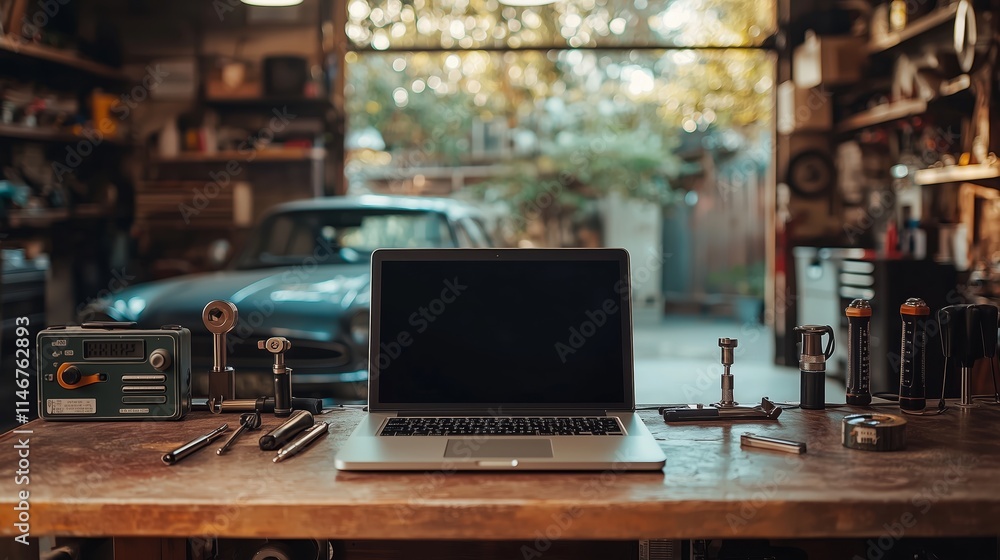 Modern Workspace with Laptop and Precision Tools in Vintage Garage Setting, Showcasing Craftsmanship and Technology Amidst a Well-Organized Environment Modern Workspace with Laptop and Precision Tools in Vintage Garage Setting, Showcasing Craftsmanship and Technology Amidst a Well-Organized Environment