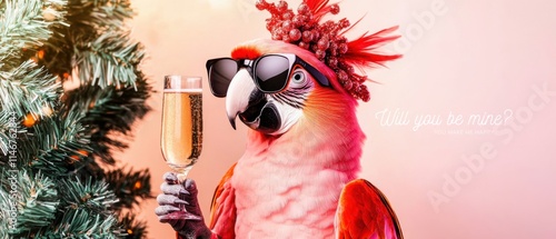 Festive Parrot with Champagne Celebrates Christmas and New Year photo