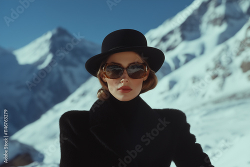 Elegant Winter Fashion Portrait of a Stylish Woman in Luxury Black Attire with Sunglasses Against Alpine Mountains, Perfect for Seasonal, Travel, and Editorial Projects photo