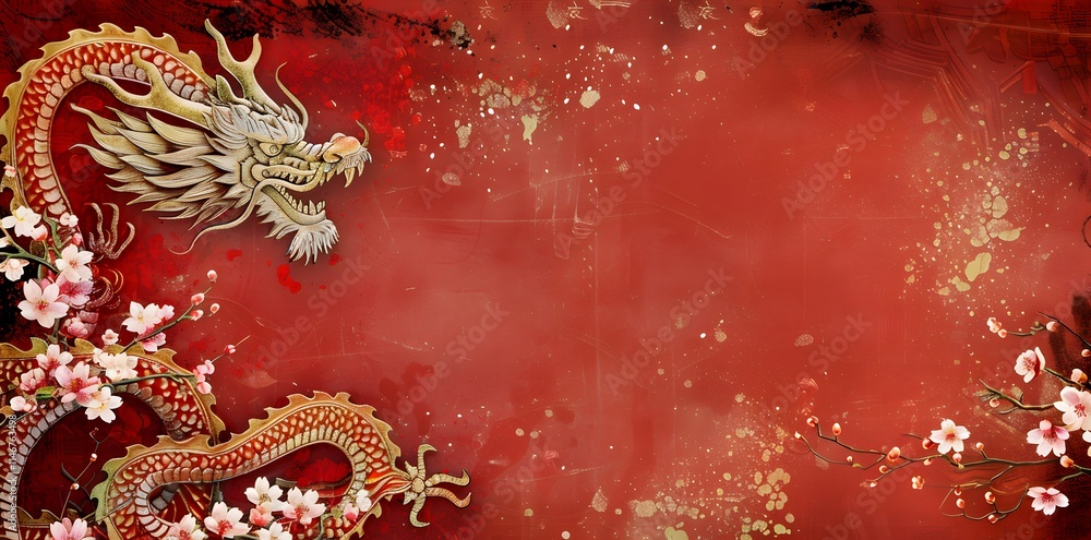 Chinese New Year Background Wallpaper Striking illustration of two dragons amidst vibrant red flowers against a deep red background Chinese New Year Background Wallpaper Striking illustration of two dragons amidst vibrant red flowers against a deep red background