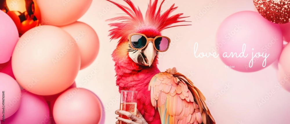 Obraz premium Stylish Parrot Celebrates Love and Joy with Pink Balloons and Champagne