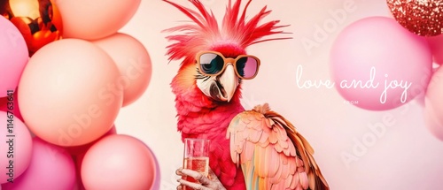 Stylish Parrot Celebrates Love and Joy with Pink Balloons and Champagne photo