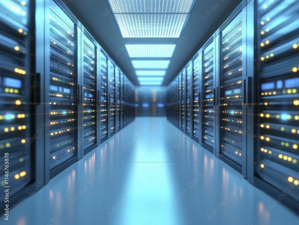Endless hallway of servers humming in the distance surrounded by flickering lights and tangled wires. Endless hallway of servers humming in the distance surrounded by flickering lights and tangled wires.