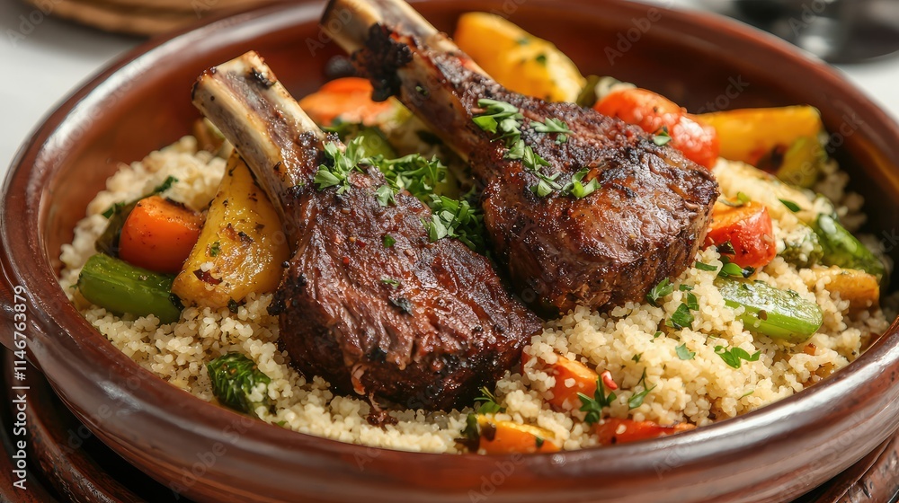 Succulent Grilled Lamb Chops served on a Bed of Fluffy Couscous with Colorful Vegetables for a Delicious Mediterranean Dining Experience Succulent Grilled Lamb Chops served on a Bed of Fluffy Couscous with Colorful Vegetables for a Delicious Mediterranean Dining Experience