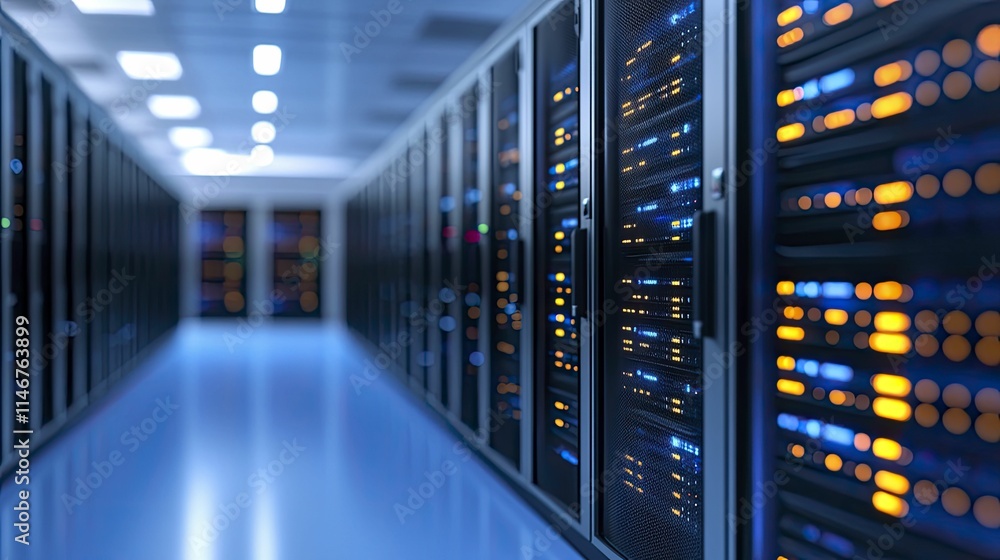Endless rows of servers in a vast corridor stretching into the distance. Endless rows of servers in a vast corridor stretching into the distance.